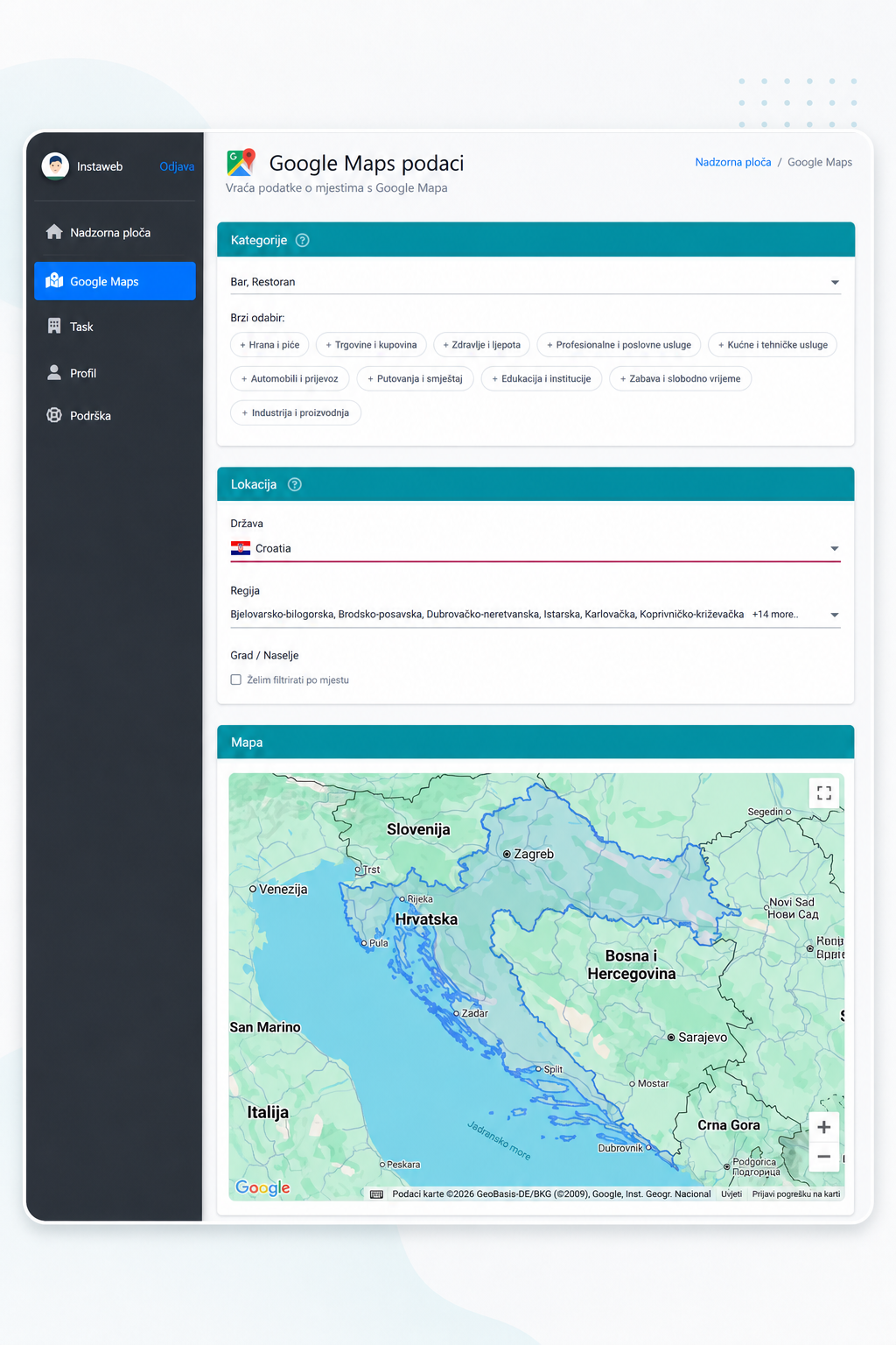 Prikaz sučelja za Google Maps pretragu, filtriranje rezultata i izvoz podataka.